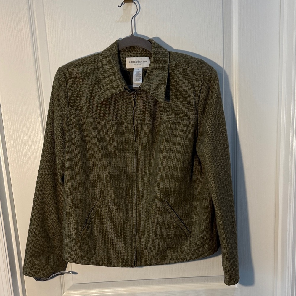 Liz Claiborne Green Zip-Up Jacket Pockets Vintage Herringbone Size M